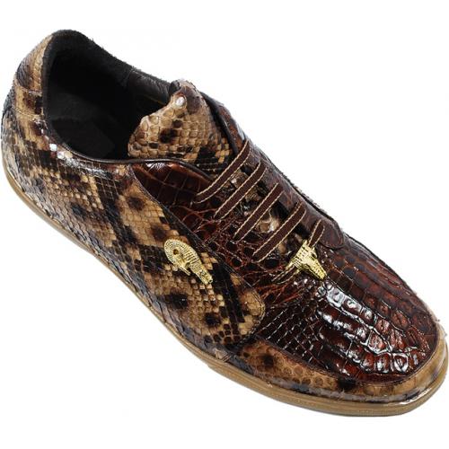 Belvedere "Angelo" Chocolate Brown / Tan Genuine Crocodile And Burmese Python Skin Sneakers